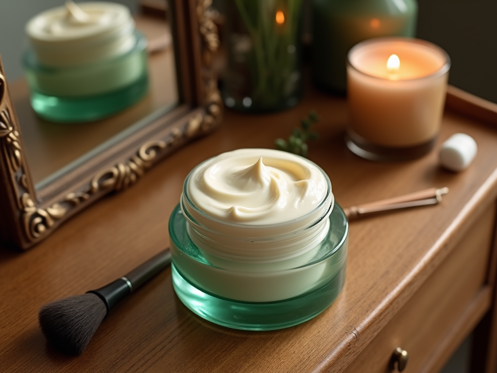 Open jar of cream with a makeup brush on a wooden dresser, mirror, and a lit candle in the background.