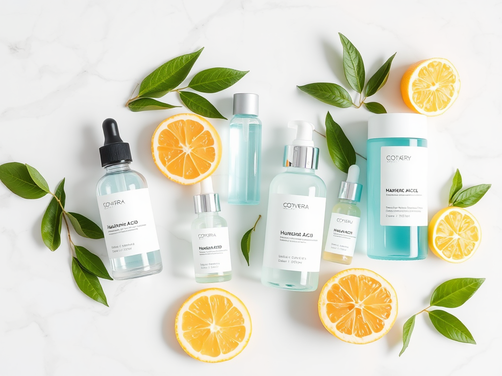 A flat lay of skincare products on a marble surface, featuring oranges and green leaves for a fresh look.