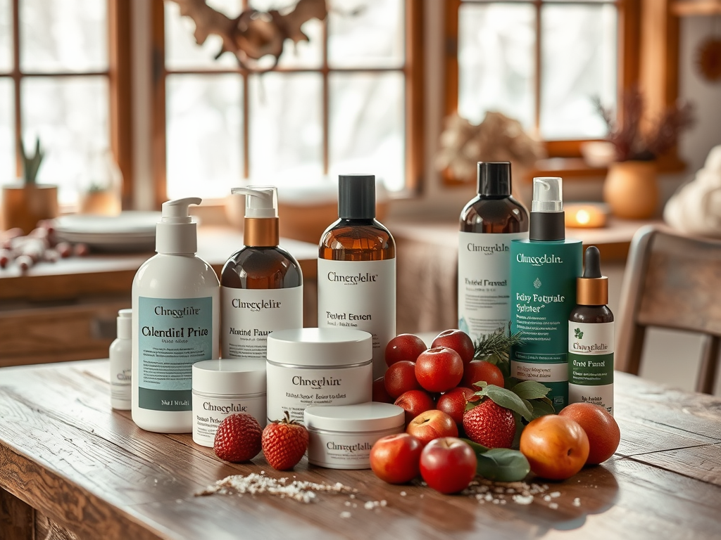 A cozy display of skincare products on a wooden table, surrounded by fresh fruit and natural decor.