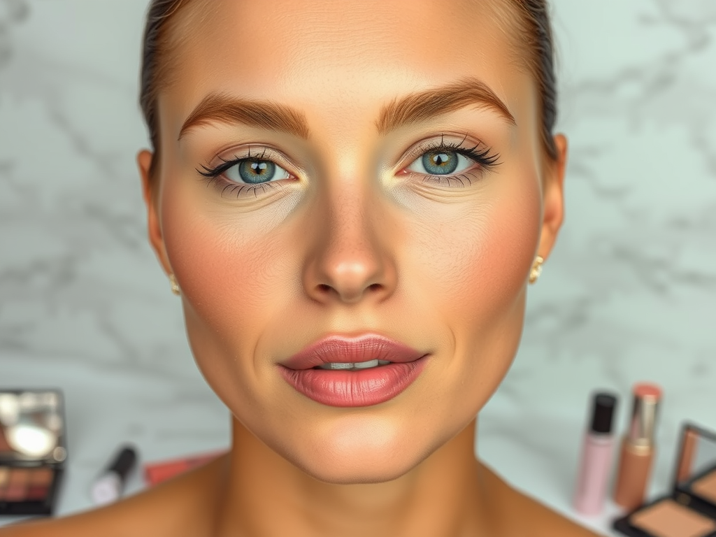 A close-up of a woman with flawless skin, bright blue eyes, and soft lips, surrounded by makeup products.
