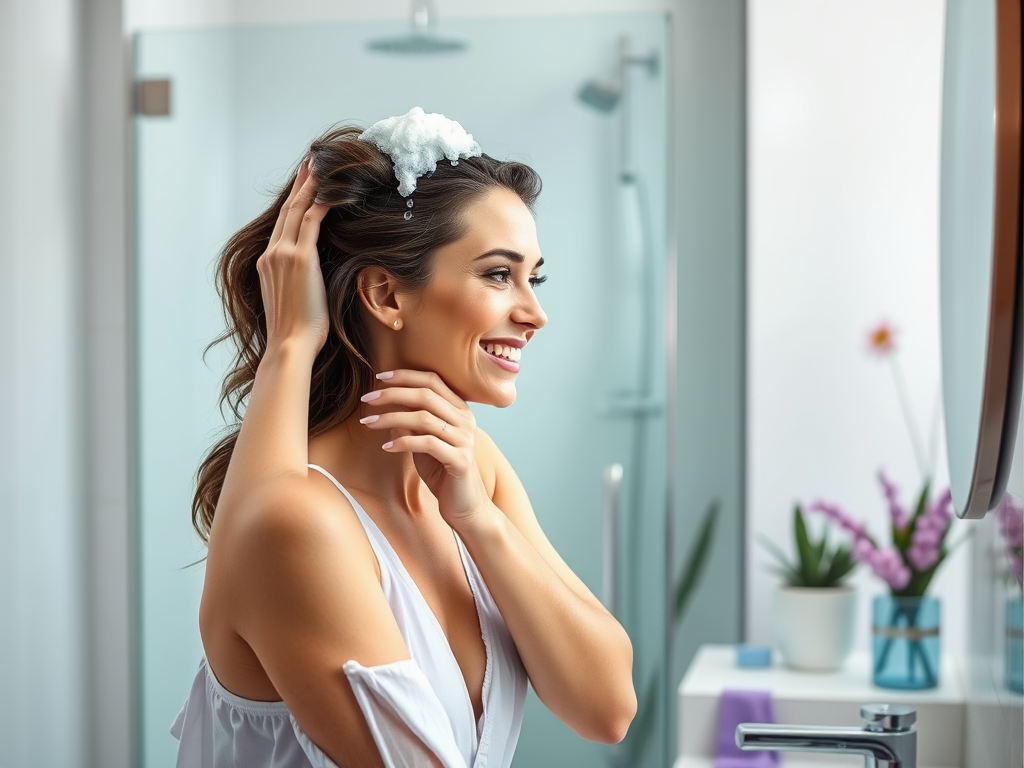 A smiling woman with foam in her hair looks in the mirror while touching her hair, in a bright bathroom setting.