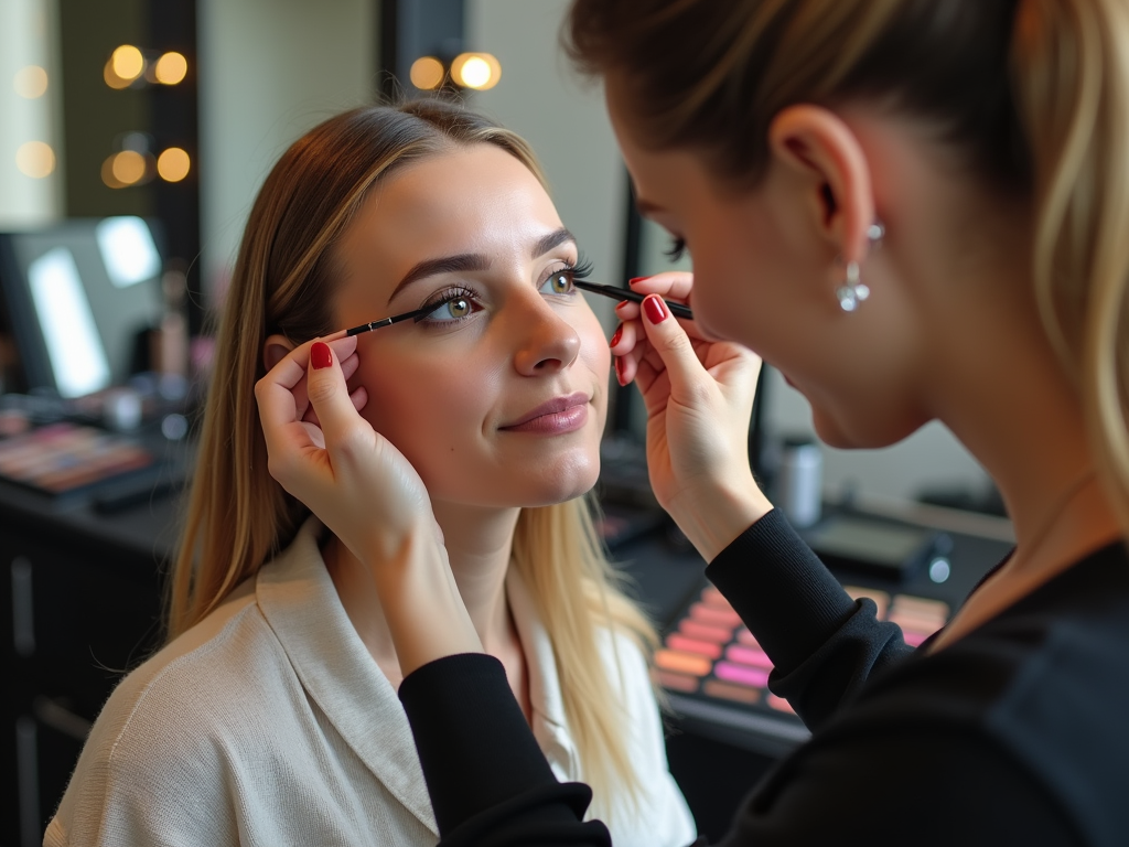 Makeup artist applying mascara on a woman in a well-lit salon.