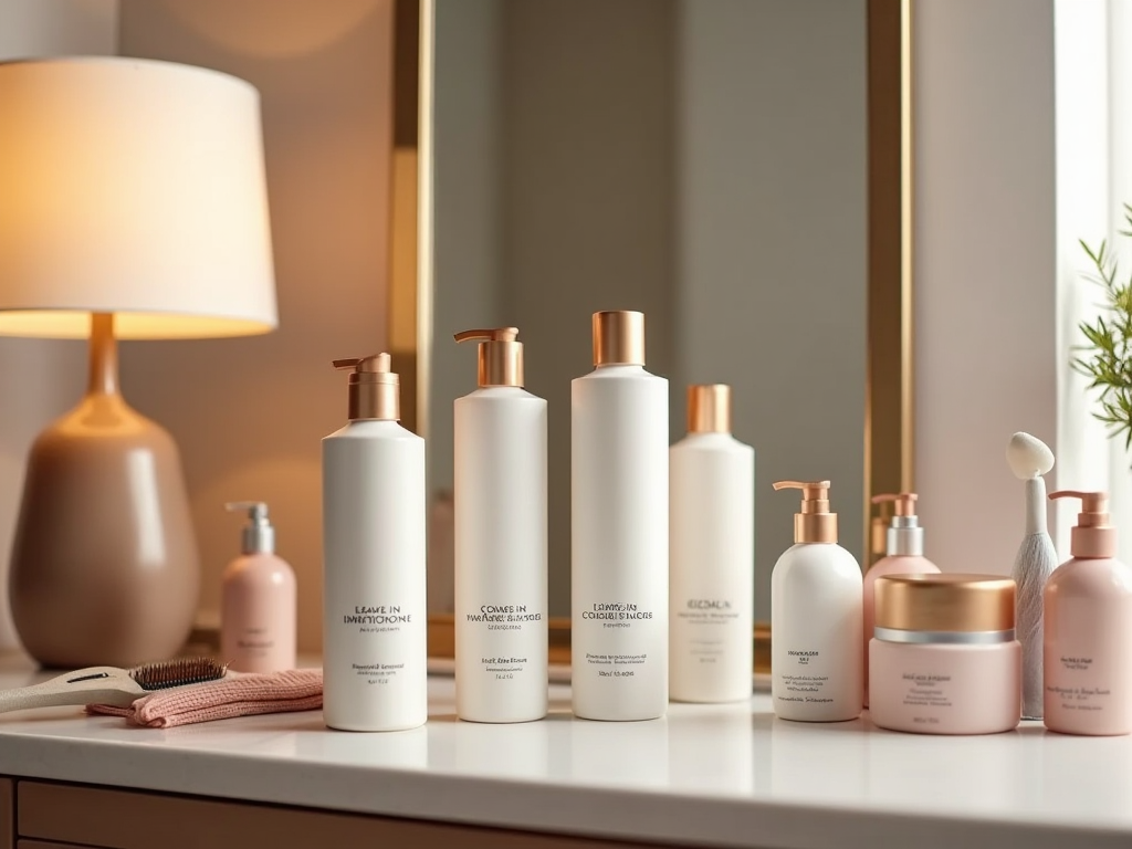 Elegant array of assorted skincare bottles on a vanity, illuminated by a warm lamp light.