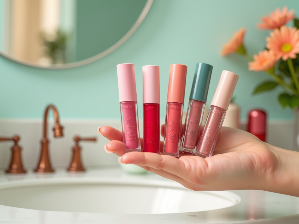 Hand holding assorted lip glosses in a bathroom with flowers in the background.