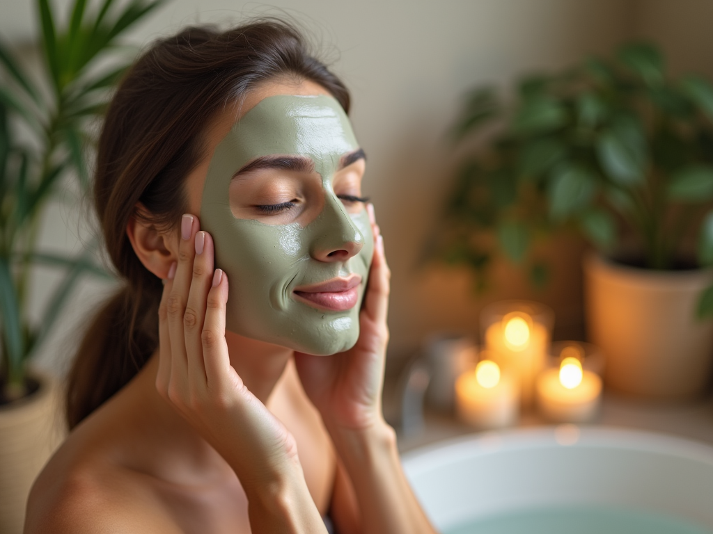 Woman applying green face mask, enjoying spa treatment at home with candles in background.