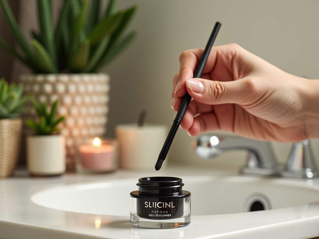 Hand dipping brush into gel eyeliner pot on a bathroom counter with plants and candle in background.