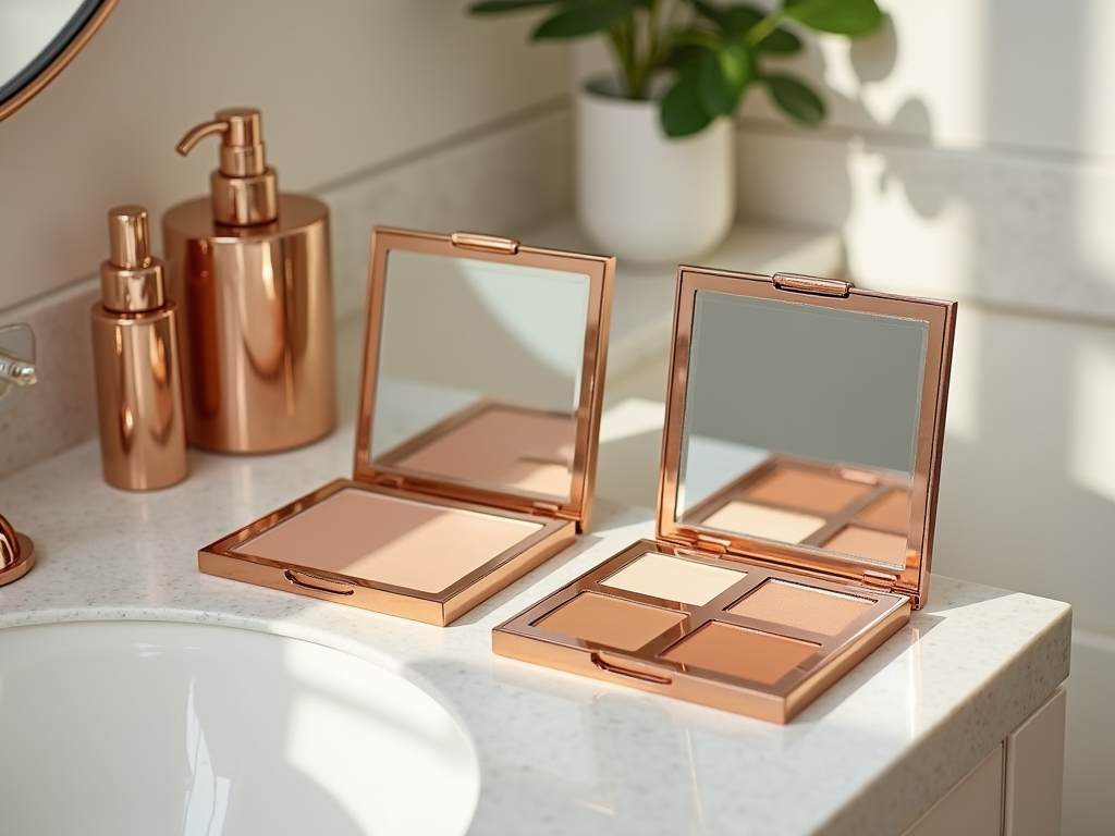 Makeup palettes and copper bathroom accessories on a sunlit marble countertop.