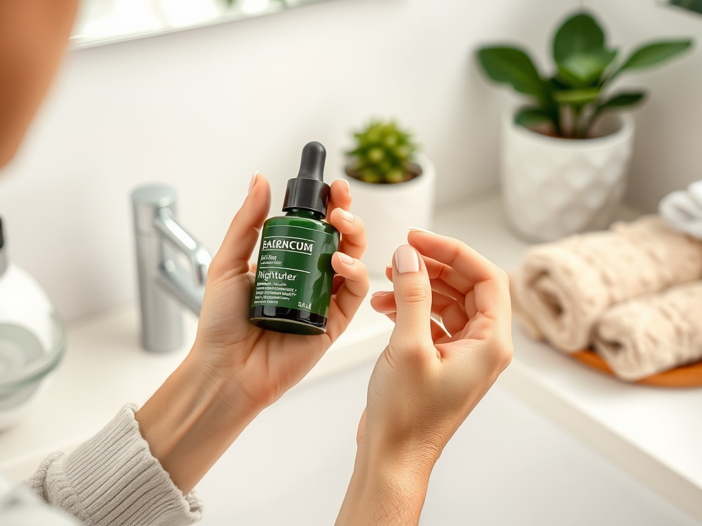 A person holding a green skincare serum bottle in a bathroom setting, with towels and plants in the background.