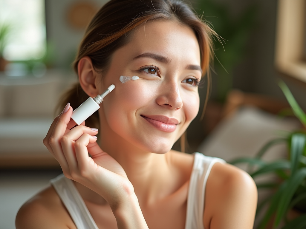 Woman applying serum to face with a dropper, smiling, in a bright room with plants.