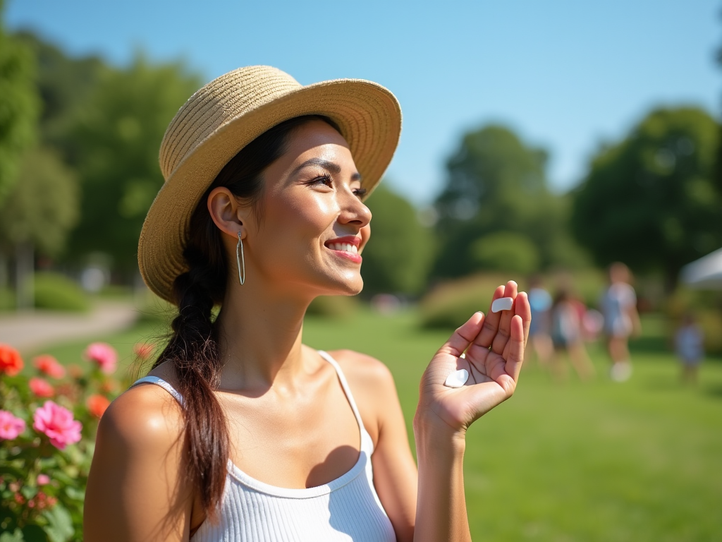 A woman in a summer hat admiring nature in a sunny park, holding a small object.