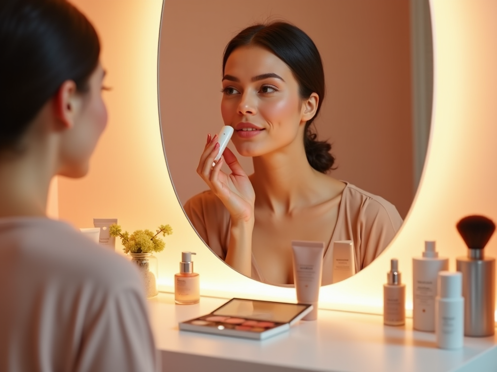 Woman applying makeup in front of a mirror surrounded by cosmetic products.