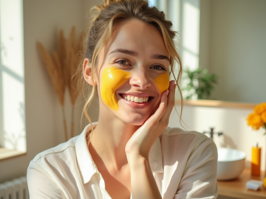 Young woman with yellow face masks smiles in sunlit room, exuding a radiant and healthy glow.