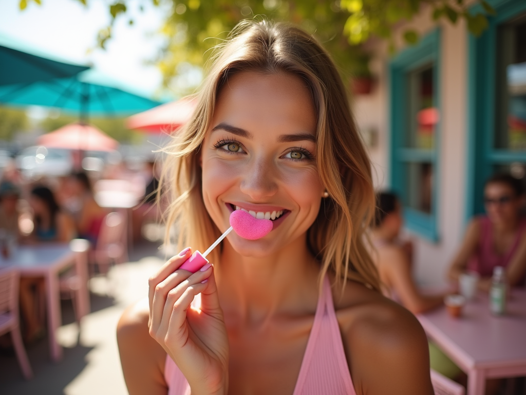 Young woman smiling, holding a pink heart-shaped lollipop at an outdoor cafe.