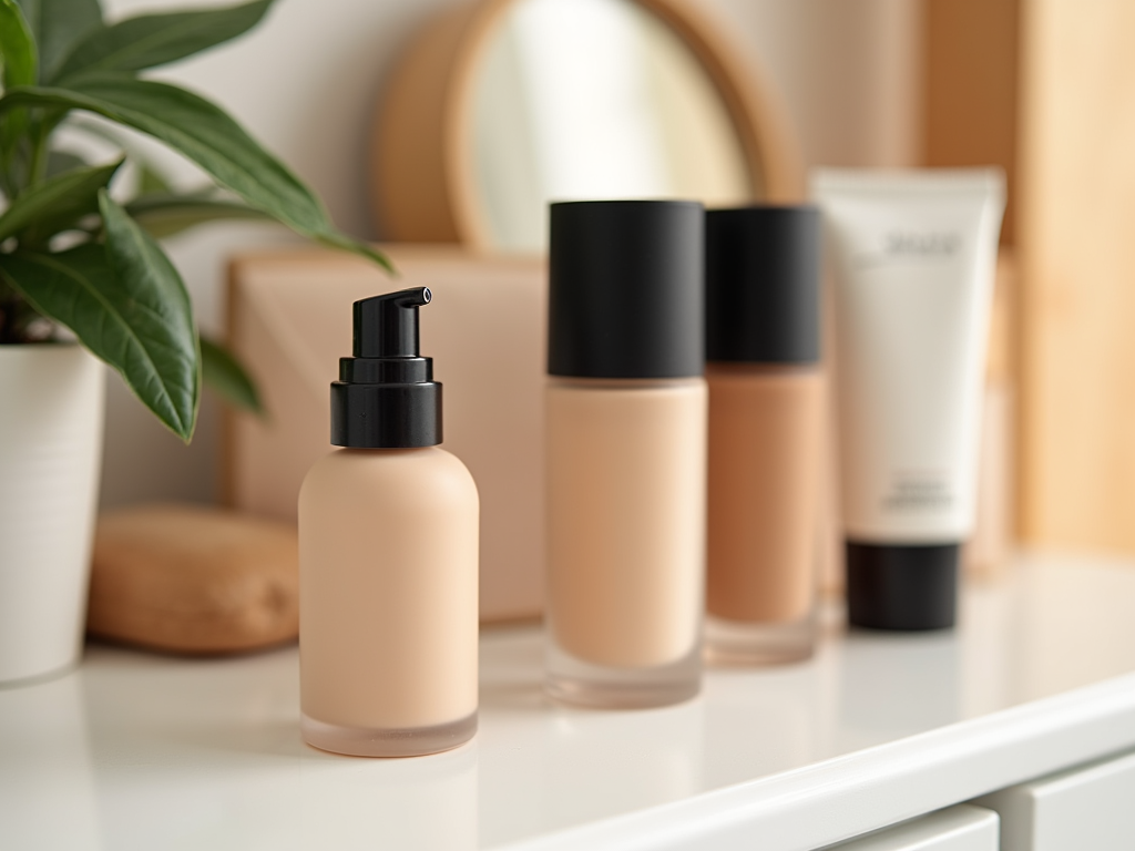 Cosmetic bottles on a shelf with a plant and mirror in the background.