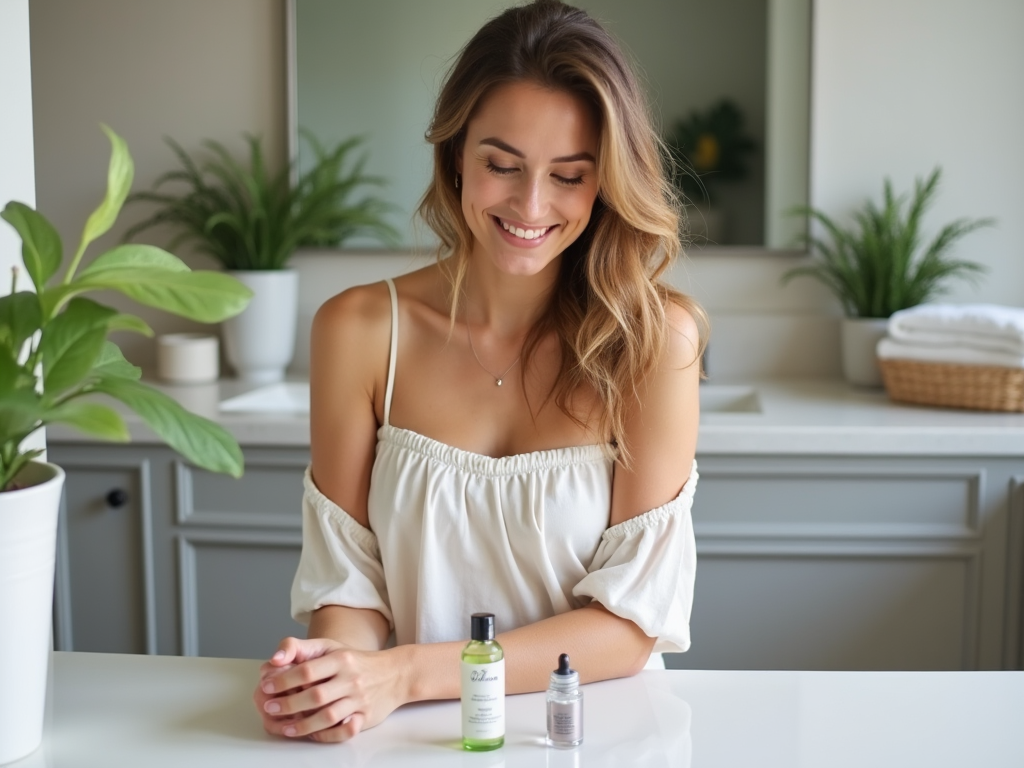 Smiling woman sitting at a bathroom counter with skincare products and plants.