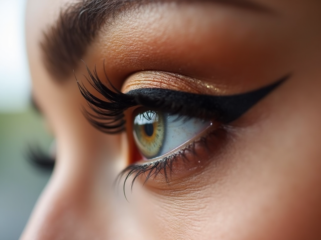 Close-up of a woman's eye with golden eyeshadow and dramatic black eyeliner.