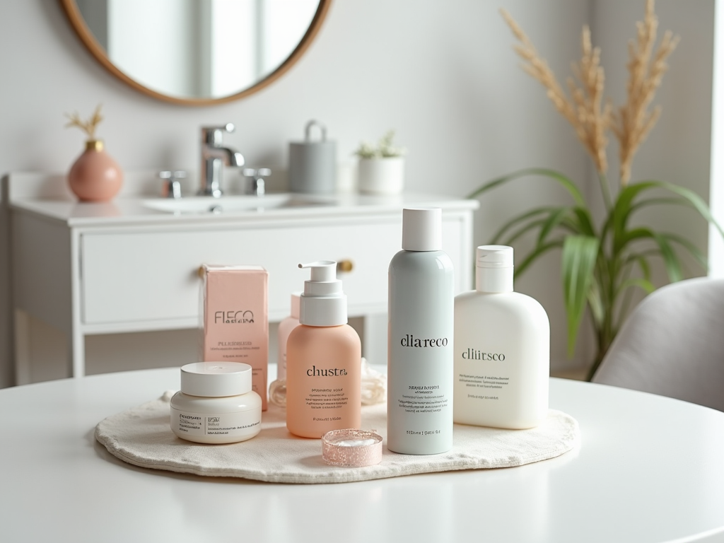 Assorted skincare products on a table in a modern bathroom setting.