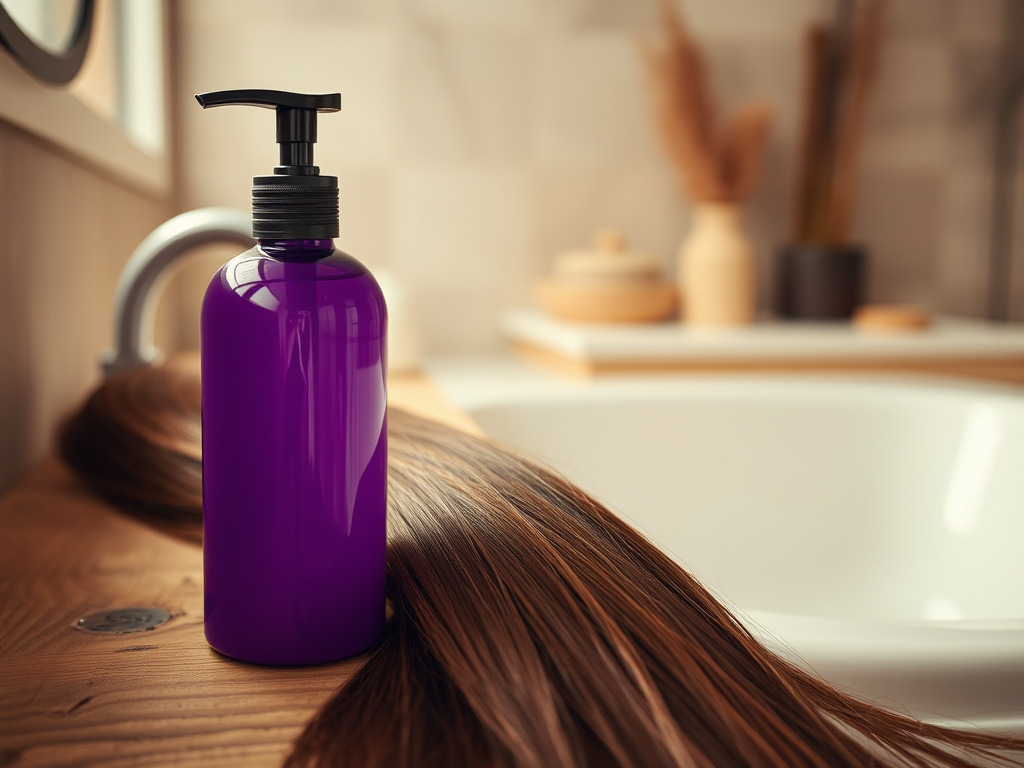 A purple pump bottle sits on a wooden surface next to long, glossy hair, with a bathtub in the background.