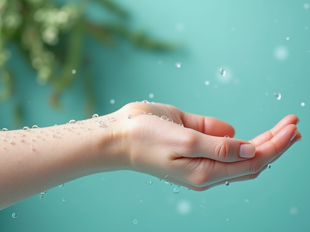 A human hand catching water droplets, skin sparkling with moisture against a turquoise background.