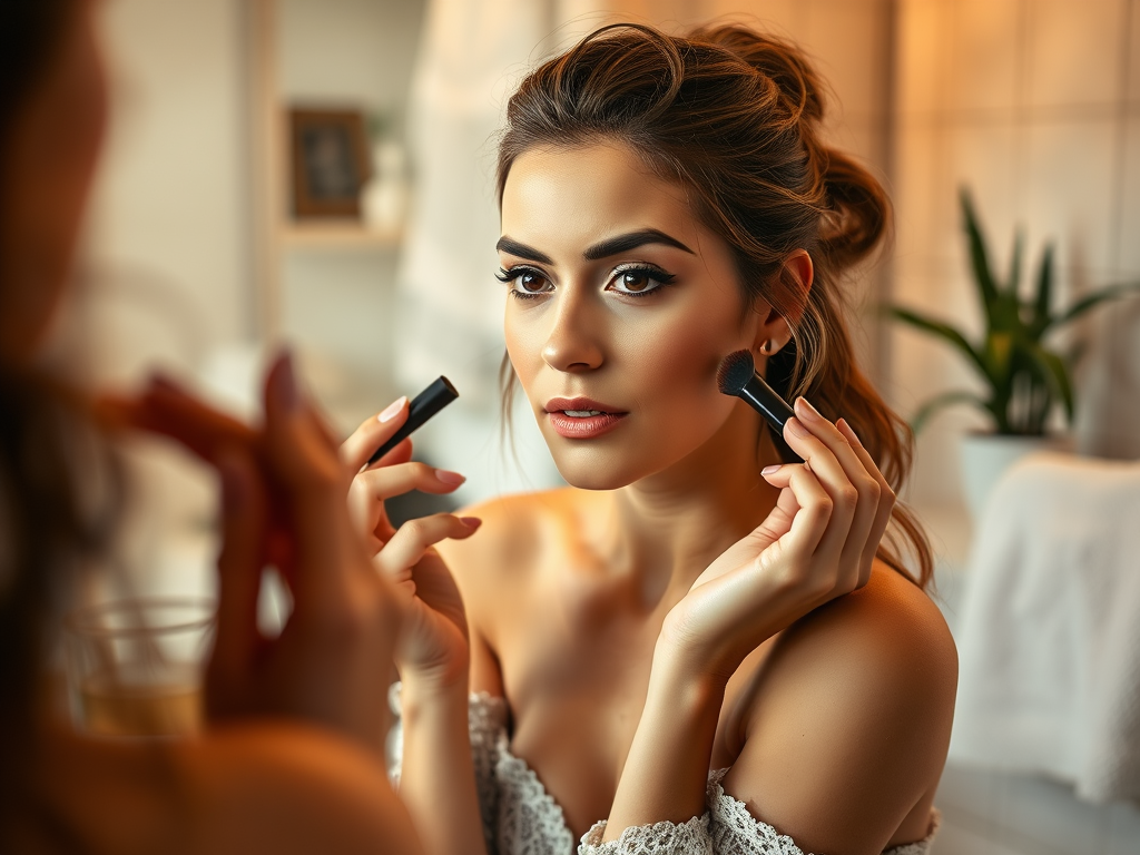 A woman applies makeup in front of a mirror, holding a lipstick and a makeup brush in a bright, stylish room.