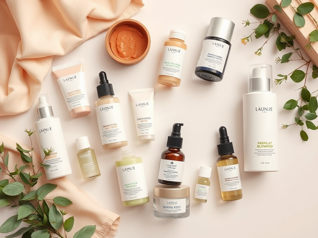 A flat lay of various skincare products from LAUNJE, alongside soft fabric and greenery accents.