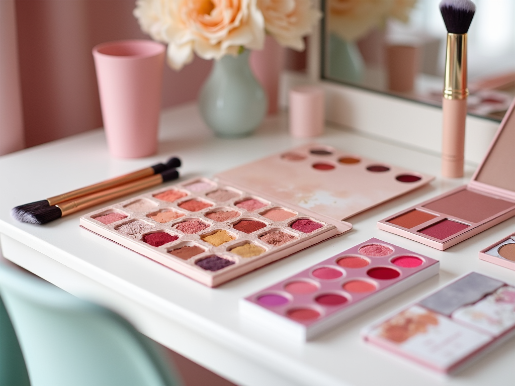 Assorted makeup palettes and brushes on a pink-themed vanity table.