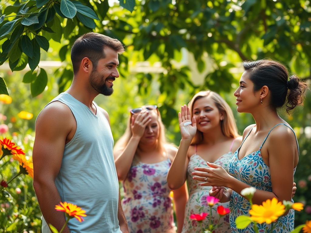 A group of four friends chatting joyfully in a colorful garden filled with flowers and greenery.