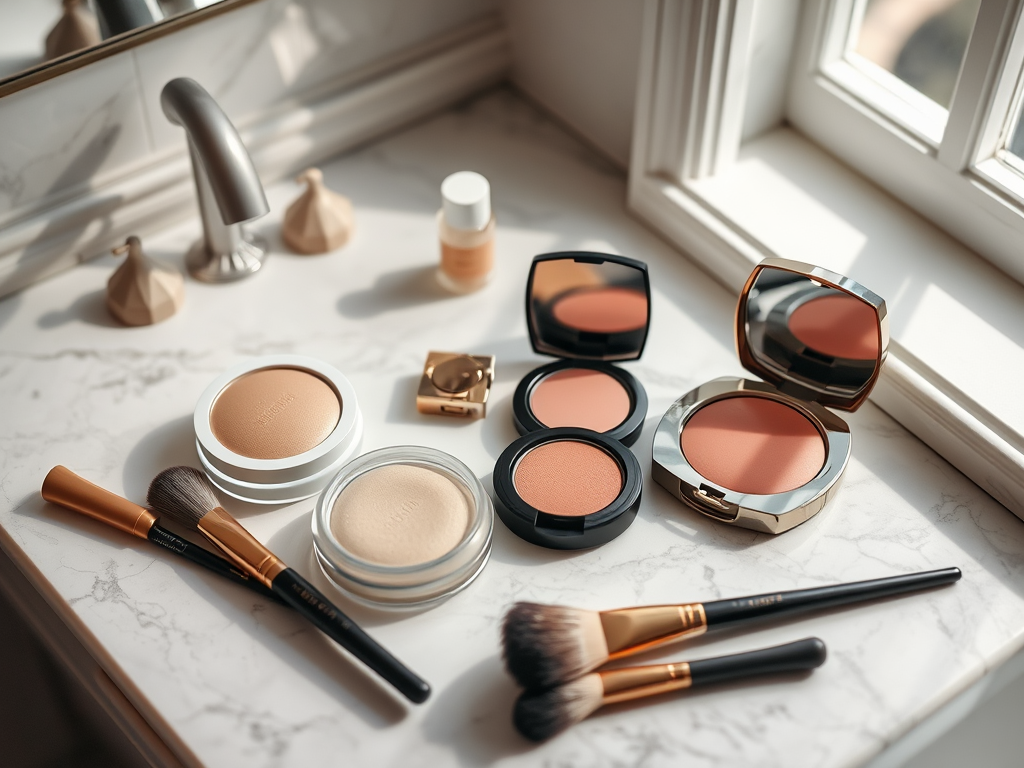 A neatly arranged selection of makeup products, including powders, blushes, and brushes on a marble countertop.