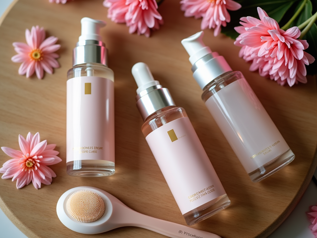 Three pink skincare bottles and a cleansing brush surrounded by pink flowers on a wooden surface.