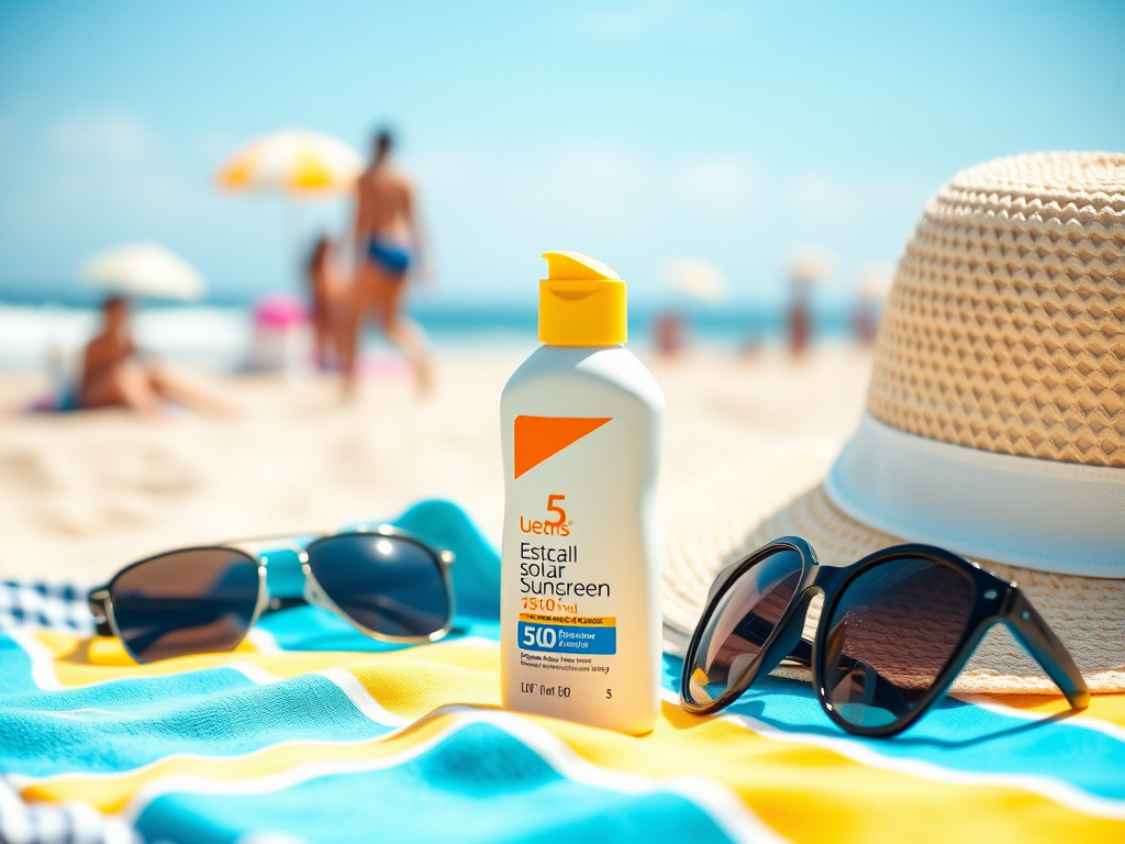 A bottle of sunscreen, sunglasses, and a hat on a colorful beach towel with people and umbrellas in the background.