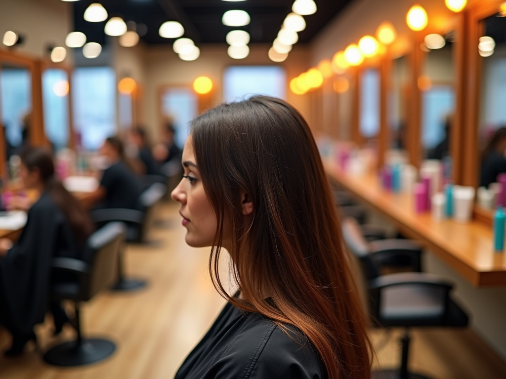 Profile of a woman in a salon with blurred background of mirrors and lights.