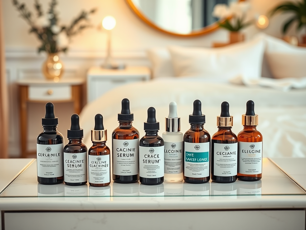 A collection of skincare serums displayed on a vanity table with a softly lit bedroom in the background.