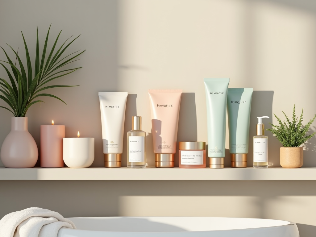 Assorted cosmetic products and candles on a shelf, accompanied by plants, in a peaceful setting.