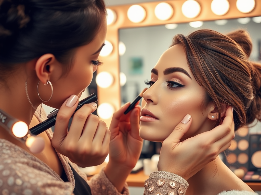 A makeup artist applies eyeliner on a woman with elegant makeup in a well-lit beauty salon.