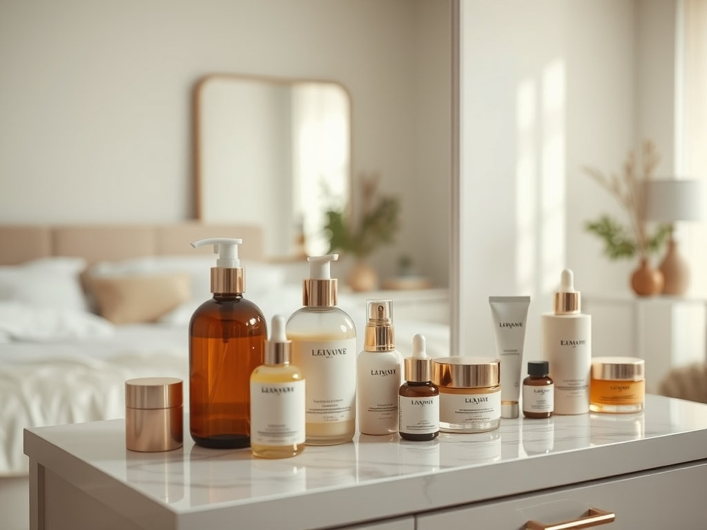 A collection of skincare products arranged neatly on a dresser in a sunlit, stylish bedroom setting.