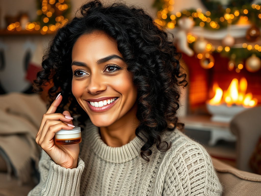 A smiling woman with curly hair holds a skincare product, sitting by a cozy fireplace decorated for the holidays.