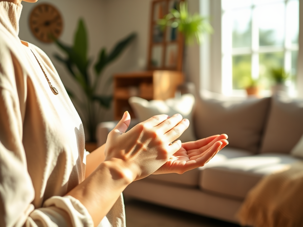 A close-up of a person’s hands in a softly lit indoor setting, showcasing a peaceful moment of reflection.