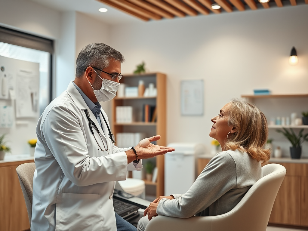 A doctor in a white coat converses with a patient in a comfortable office setting, both looking engaged.