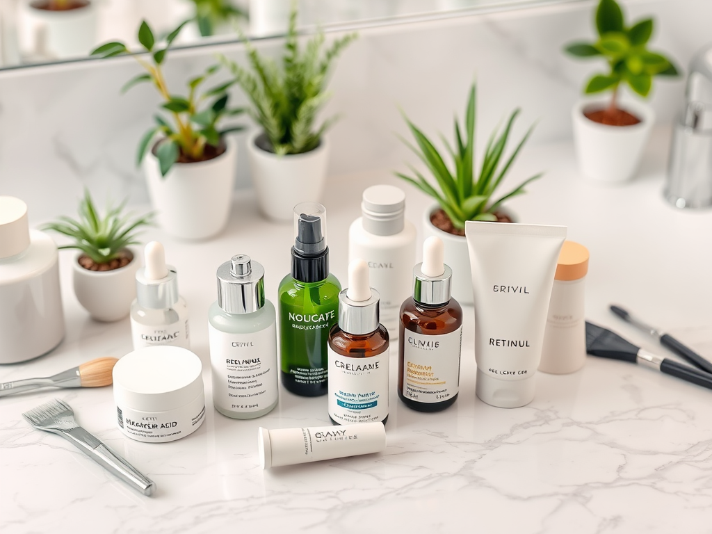 A collection of skincare products neatly arranged on a marble countertop, alongside small potted plants.