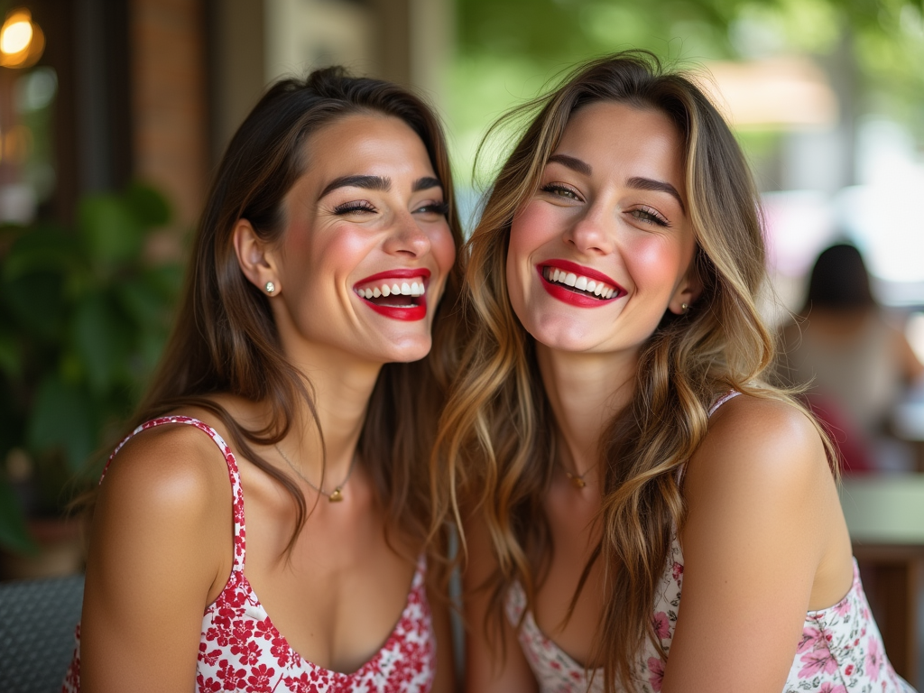 Two joyful women with red lipstick laughing together at a cafe.