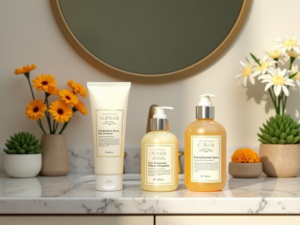 Bathroom counter with skincare products and fresh flowers.