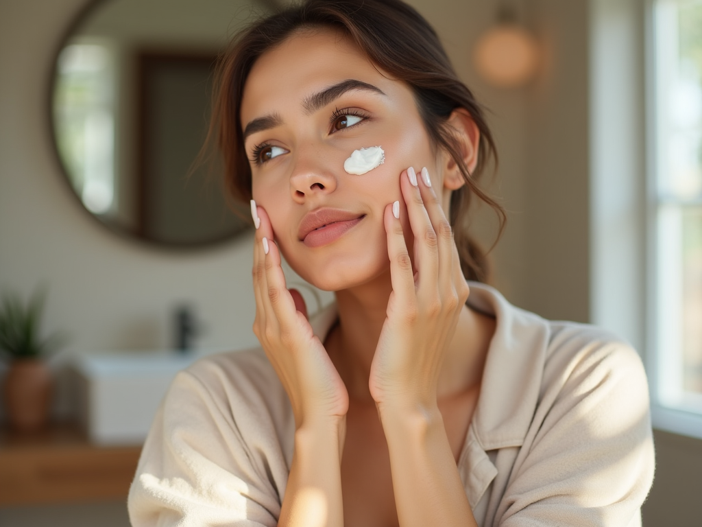 Woman applying face cream, standing in a sunlit bathroom with a mirror.