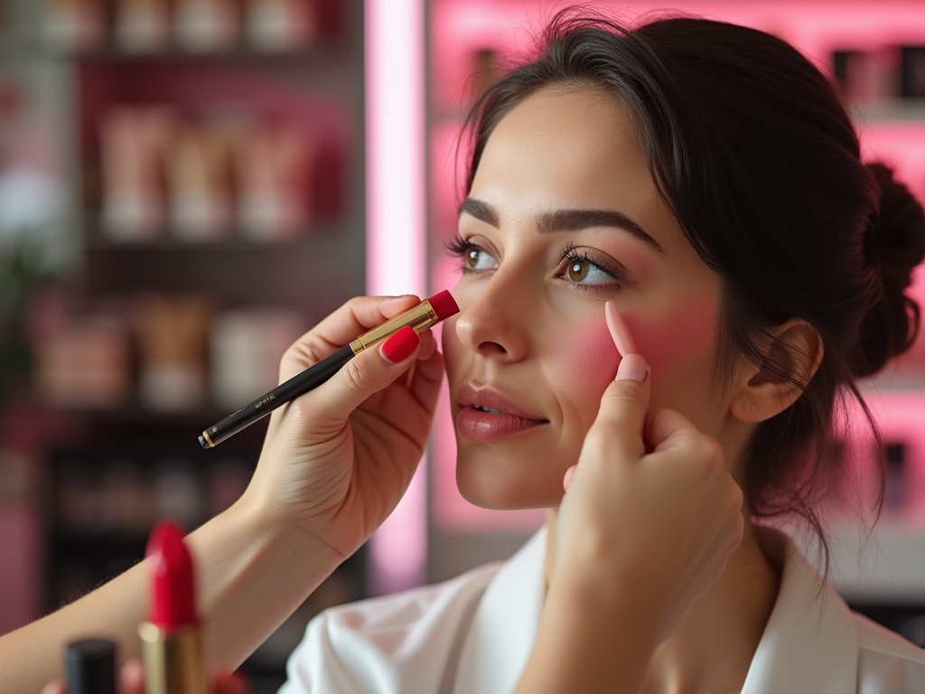 Woman getting makeup applied on her eyes in a beauty salon.