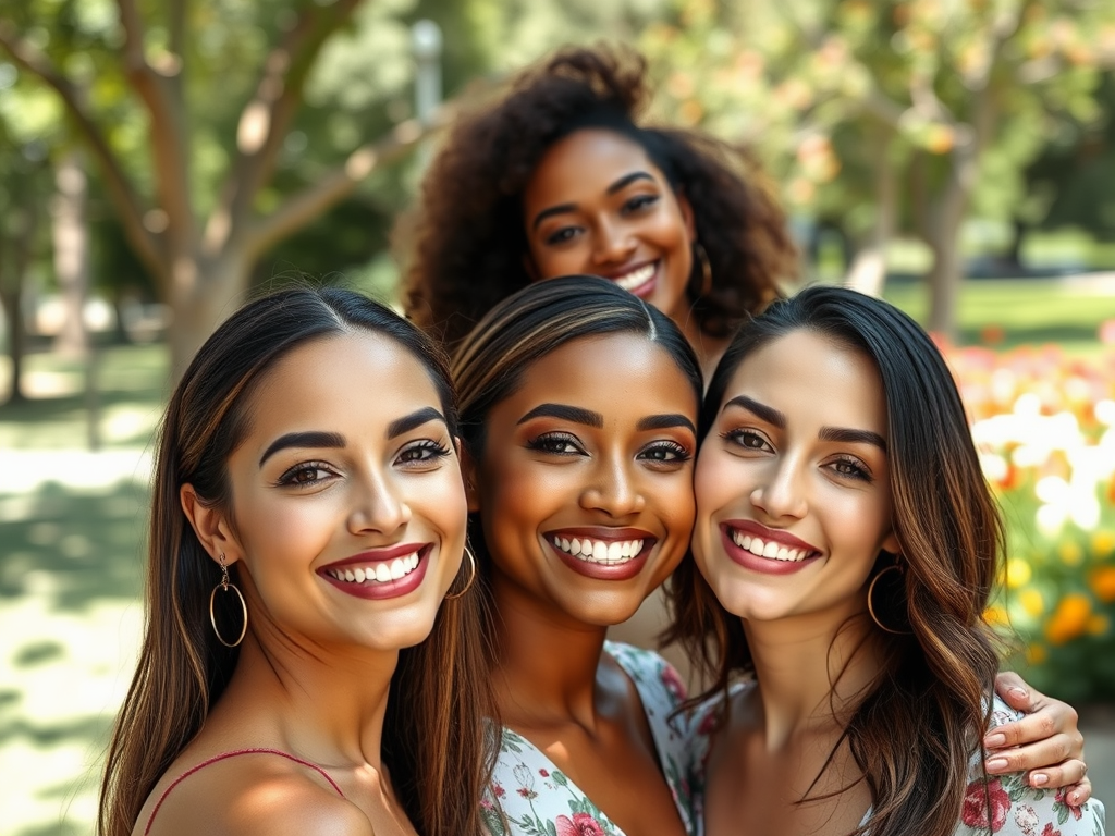 Four smiling women pose together outdoors, surrounded by greenery and colorful flowers in the background.