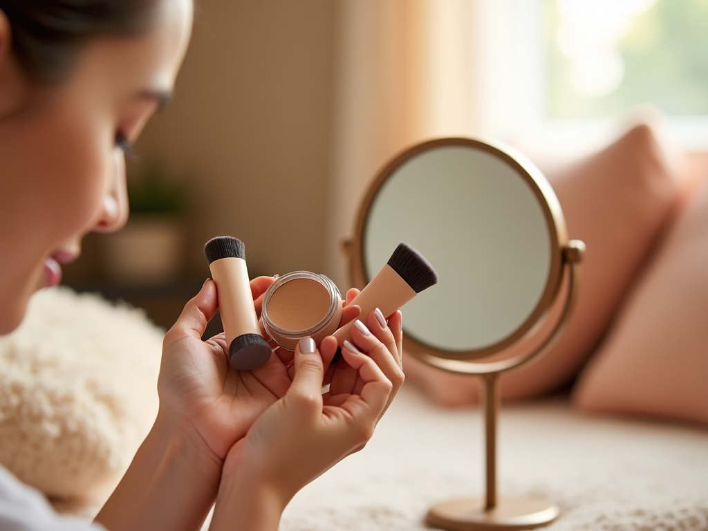 Woman holding a compact powder and brushes, looking in a small round mirror.