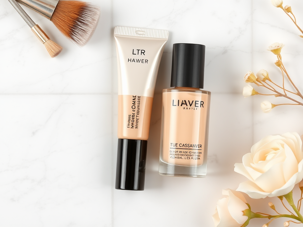 Two foundation products are displayed alongside makeup brushes and soft white flowers on a marble surface.