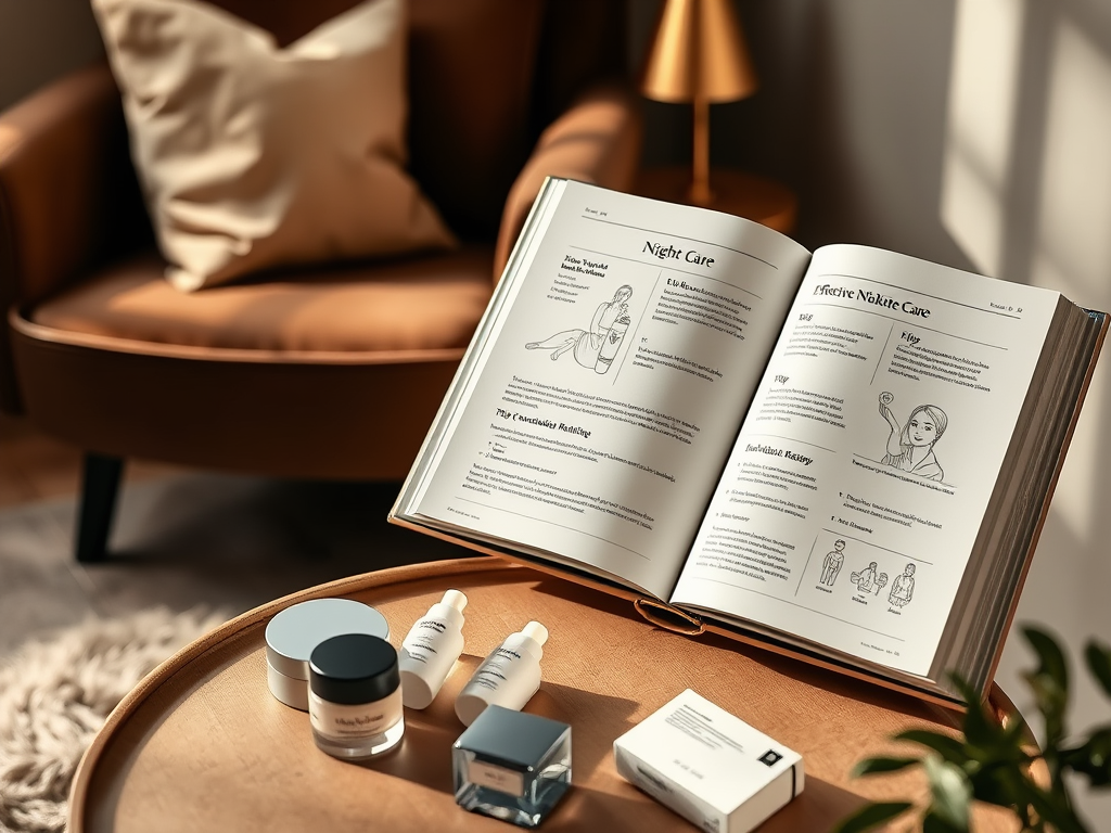 A skincare book open to "Night Care" and "Effective Night Care" sections, with products on a wooden table.